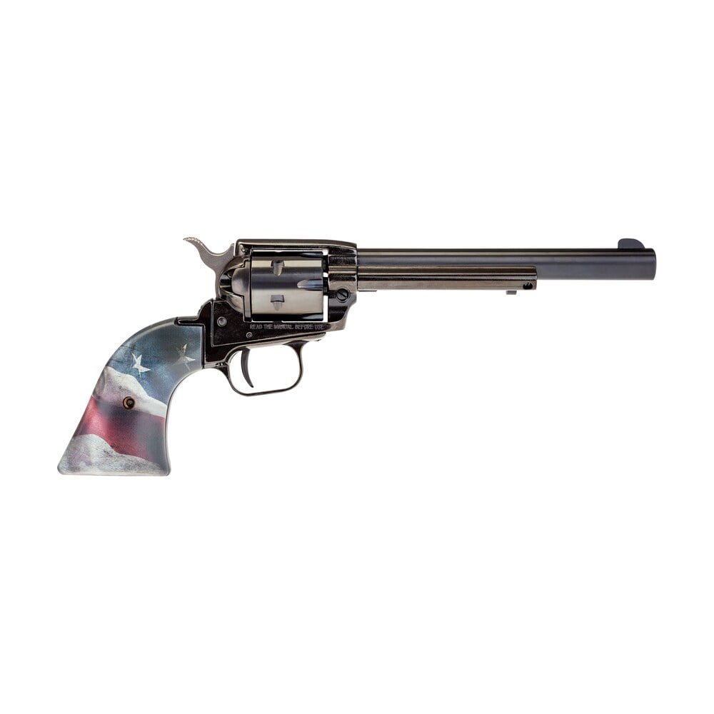 heritage mfg rr22b6us02 rough rider 22 lr 6 shot, 6.50" black oxide steel barrel, black oxide zinc alloy frame, black oxide cylinder, black us flag grip, exposed hammer Heritage Mfg RR22B6US02 Rough Rider 22 LR 6 Shot, 6.50" Black Oxide Steel Sports South item 155204