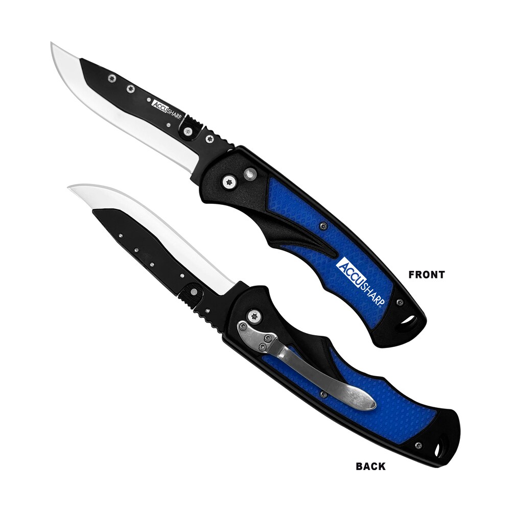 accusharp 743c replaceable blade razor 3.50" folding plain stainless steel blade/royal blue ergonomic anti slip anodized aluminum handle/includes 2 replacement blades/belt clip AccuSharp 743C Replaceable Blade Razor 3.50" Folding Plain Stainless Steel Blade/Royal Blue Sports South item 155286