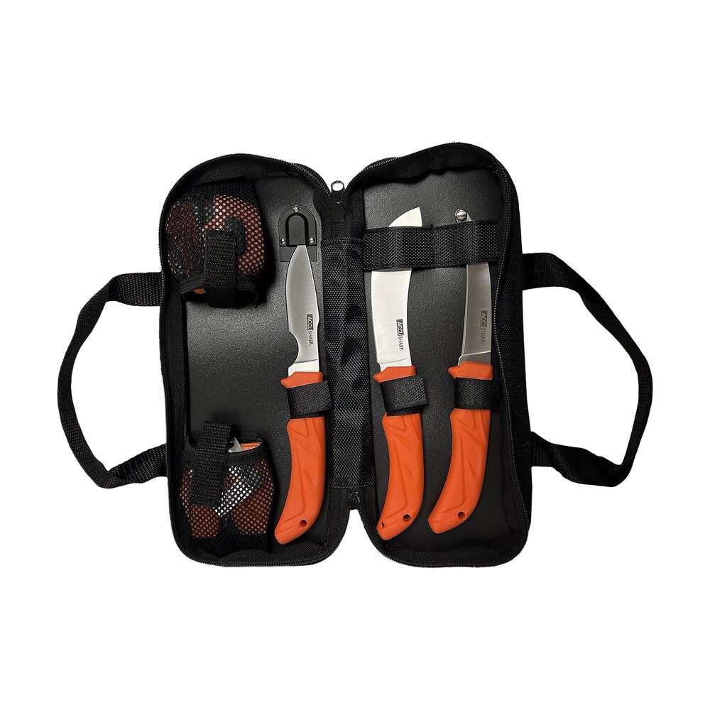 accusharp 738c processing kit fixed butcher/caping/gutting plain stainless steel blades/blaze orange non slip grip 6 piece includes nylon case AccuSharp 738C Processing Kit Fixed Butcher/Caping/Gutting Plain Stainless Steel Blades/Blaze Sports South item 155288