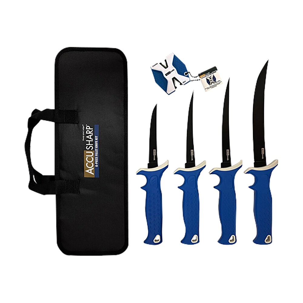 accusharp 737c knife kit 4.75/5.50/6.50/8" fixed fillet plain satin stainless steel blade/ blue non slip grip tpr handle includes 2 step sharpener AccuSharp 737C Knife Kit 4.75/5.50/6.50/8" Fixed Fillet Plain Satin Stainless Steel Blade/ Blue Sports South item 155293