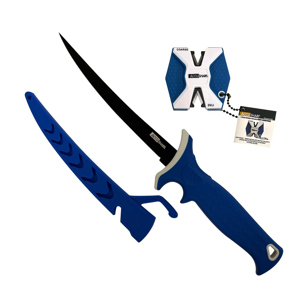 accusharp 736c fillet w/sharpener 6.50" fixed fillet plain satin titanium coated stainless steel blade/royal blue ergonomic anti slip rubber handle includes 2 step sharpener AccuSharp 736C Fillet Sports South item 155294