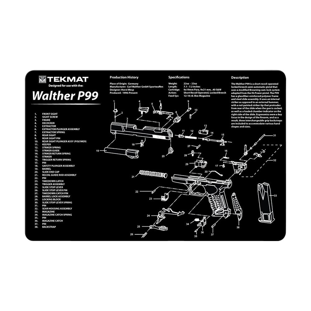 tekmat tekr17walp99 walther p99 cleaning mat black/white rubber 11"x17" walther p99 parts diagram TekMat TEKR17WALP99 Walther P99 Cleaning Mat Black/White Rubber 11"x17" Walther P99 Parts Sports South item 155339