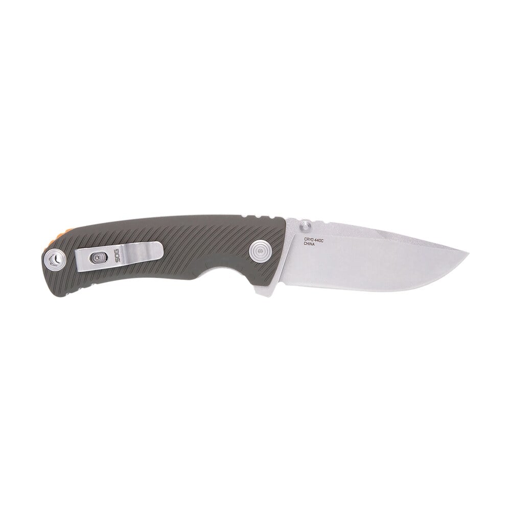 s.o.g sog11060143 tellus atk 3.50" folding clip point plain stonewashed cryo 440c ss blade/ olive drab w/orange backspacer grn handle includes belt clip S.O.G SOG11060143 Tellus ATK 3.50" Folding Clip Point Plain Stonewashed Cryo 440C SS Blade/ Sports South item 155802