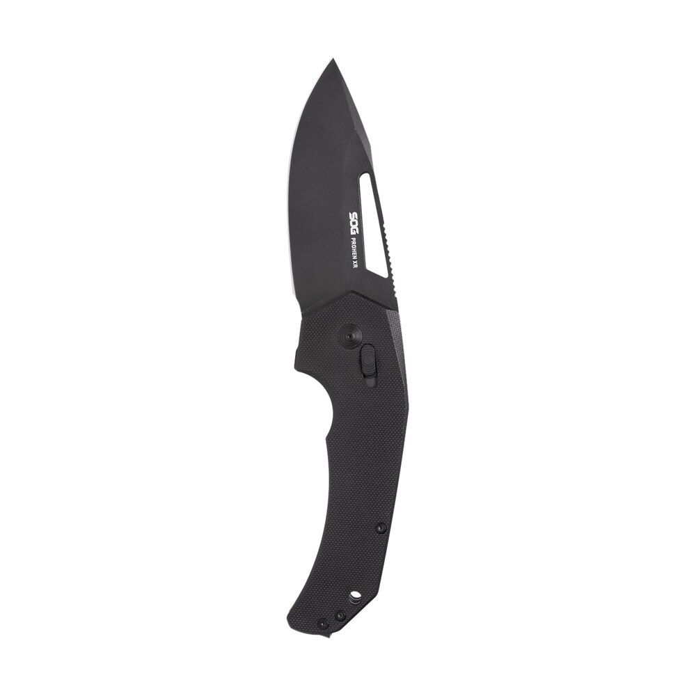 s.o.g sog12250157 prohen xr 3.35" folding drop point plain black tini cryo d2 steel blade, black textured g10 handle S.O.G SOG12250157 Prohen XR 3.35" Folding Drop Point Plain Black TiNi Cryo D2 Steel Blade, Sports South item 155806