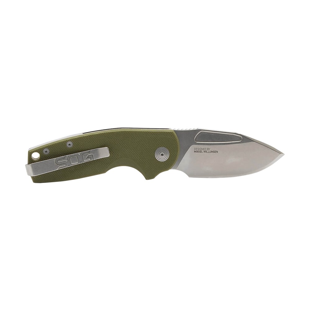s.o.g sog16030157 stout sj 2.60" folding clip point plain stonewashed cryo d2 steel blade/ olive drab textured g10 handle includes belt clip S.O.G SOG16030157 Stout SJ 2.60" Folding Clip Point Plain Stonewashed Cryo D2 Steel Blade/ Sports South item 155811