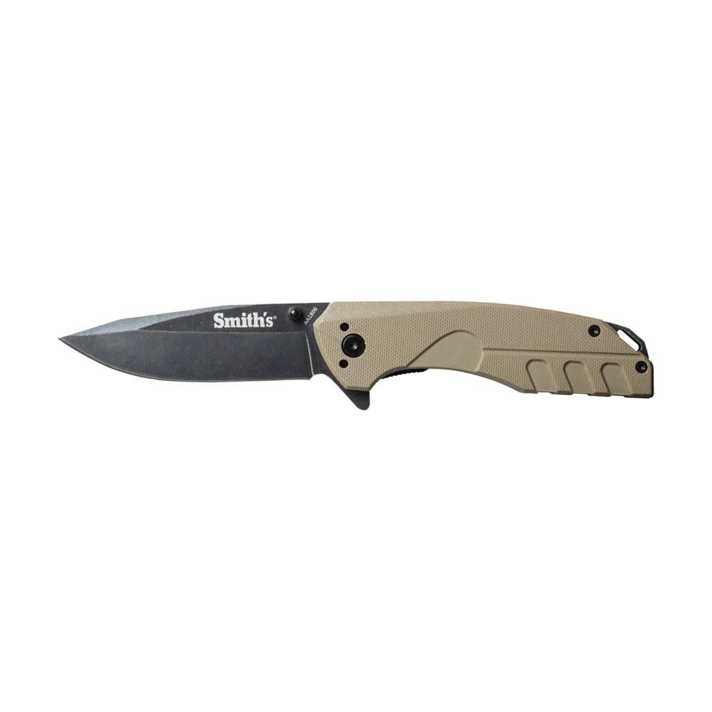 smiths products 50995 battleplan 3.35" folding drop point plain black stonewashed 400 ss blade/ desert tan g10 handle includes pocket clip Smiths Products 50995 BattlePlan 3.35" Folding Drop Point Plain Black Stonewashed 400 SS Blade/ Sports South item 156135