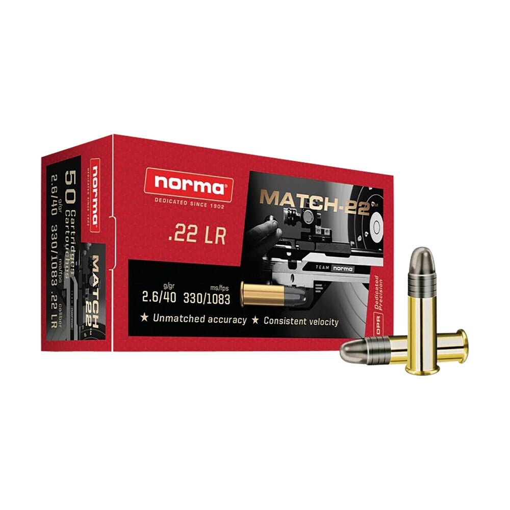 norma ammunition 2425076 dedicated precision match 22lr 40gr lead round nose 50 per box/100 case Norma Ammunition 2425076 Dedicated Precision Match 22LR 40gr Lead Round Nose 50 Per Box/100 Sports South item 156170