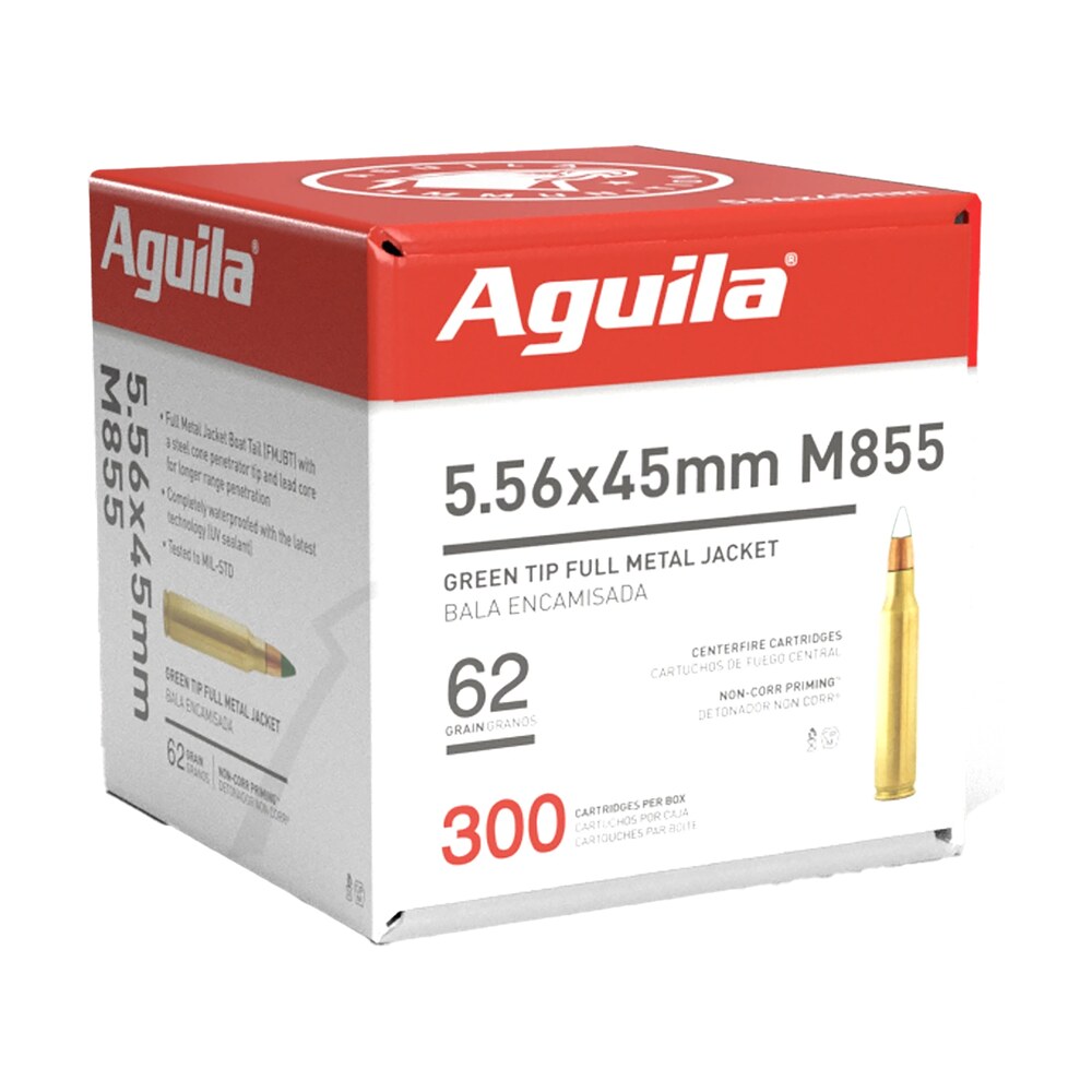 aguila 1e556125 green tip m855 5.56x45mm nato 62gr full metal jacket boat tail 300 per box/4 case Aguila 1E556125 Green Tip M855 5.56x45mm NATO 62gr Full Metal Jacket Boat Tail 300 Per Box/4 Sports South item 156462