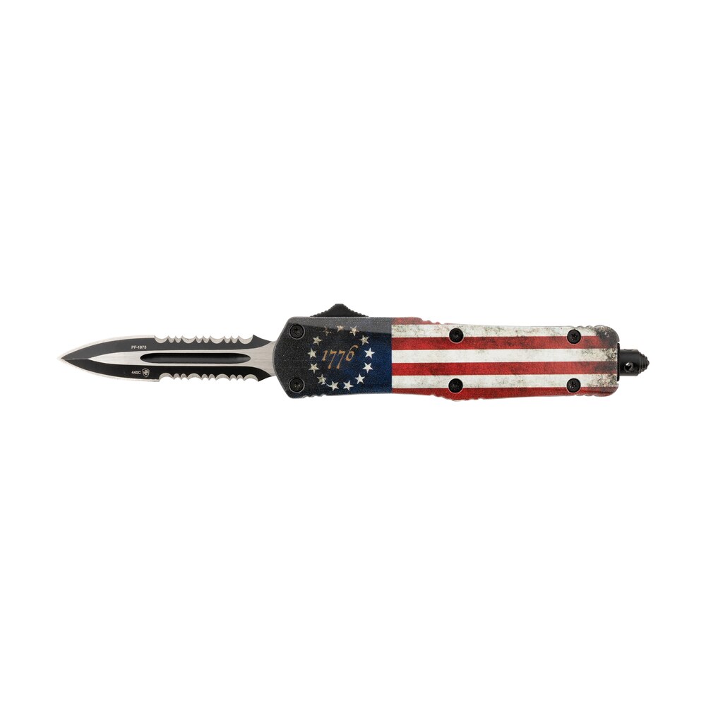templar knife sbrf431 gen ii betsy ross flag small 2.75" otf dagger part serrated 440c ss blade, 4.25" betsy ross flag aluminum handle, glass breaker Templar Knife SBRF431 Gen II Betsy Ross Flag Small 2.75" OTF Dagger Part Serrated 440C SS Sports South item 156602