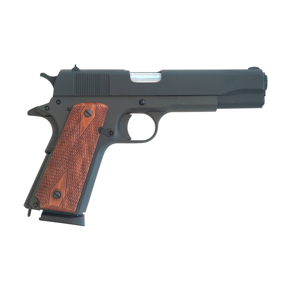 cimarron 1911 1911 .45 acp 8+1, 5.03" black steel barrel, black parkerized serrated slide & frame, checkered walnut grips Cimarron 1911 1911 .45 ACP 8+1, 5.03" Black Steel Sports South item 156626