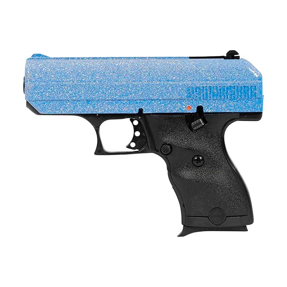 hi point 916blsp c9 9mm luger 8+1 3.50" black steel barrel, hydro dipped blue sparkle serrated slide, black polymer frame, black polymer grips Hi-Point 916BLSP C9 9mm Luger 8+1 3.50" Black Steel Sports South item 156716