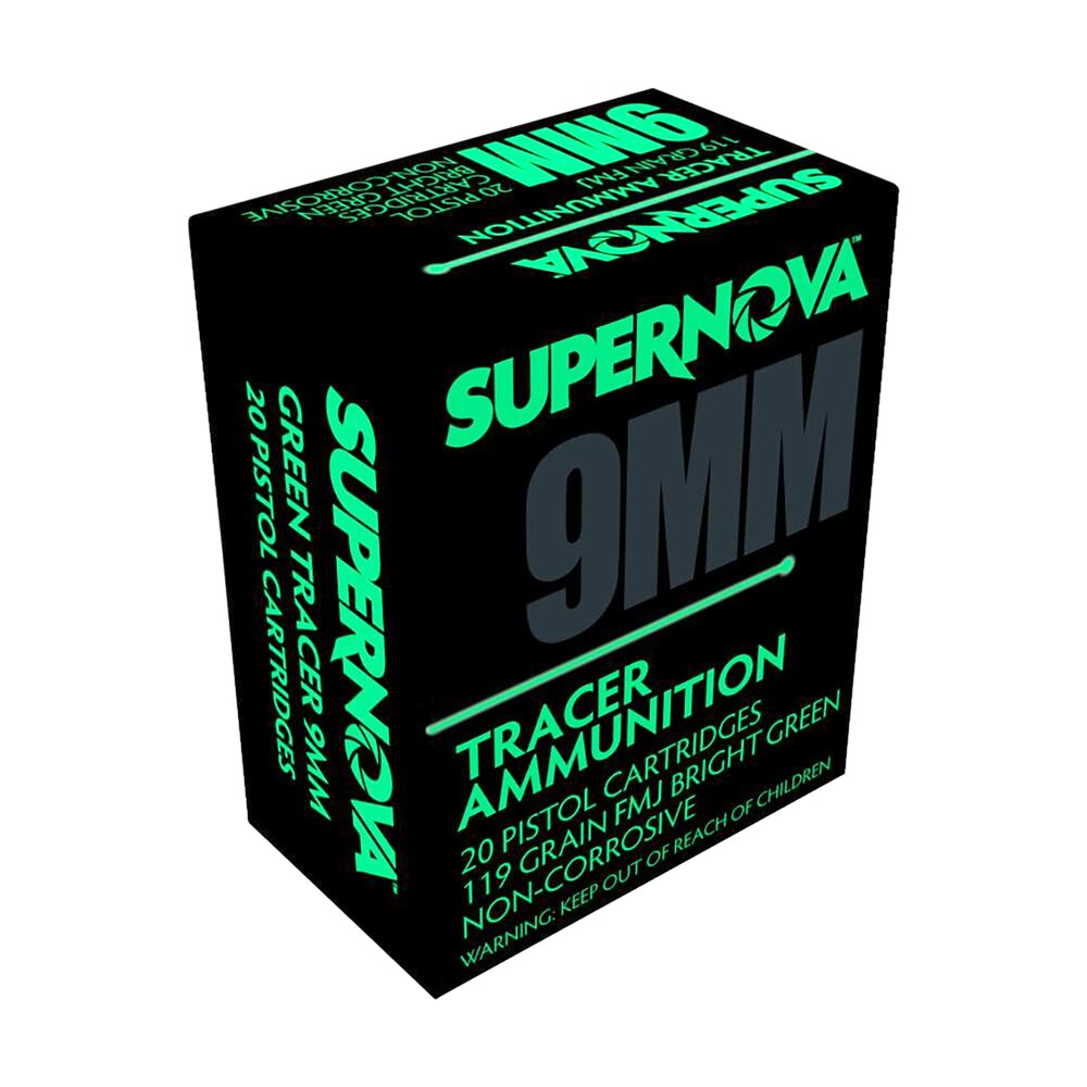 supernova pmsn9mmg green tracer non corrosive 9mm luger 119 gr full metal jacket 20 per box/ 50 cs Supernova PMSN9MMG Green Tracer Non Corrosive 9mm Luger 119 Gr Full Metal Jacket 20 Per Box/ 50 Sports South item 156926