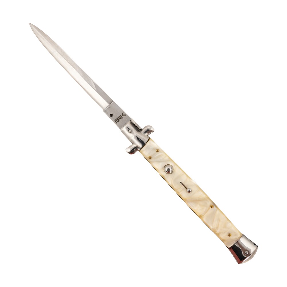 steel river knives cimopd spartan 6" italian dagger polished blade 7" mother of pearl synthetic handle side open Steel River Knives CIMOPD Spartan 6" Italian Dagger Polished Blade 7" Mother of Pearl Synthetic Sports South item 156989