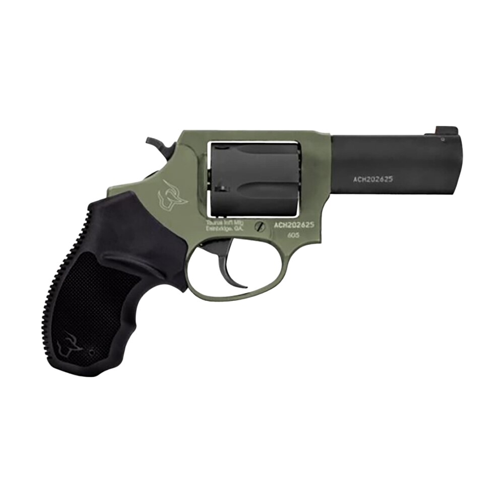 taurus 260531f defender 605 sa/da 357 mag/38 special +p 5rd 3", black barrel/cylinder, sniper green frame, black hogue rubber grip, fixed front sight Taurus 260531F Defender 605 SA/DA 357 Mag/38 Special +P 5rd 3", Black Barrel/Cylinder, Sniper Sports South item 157734