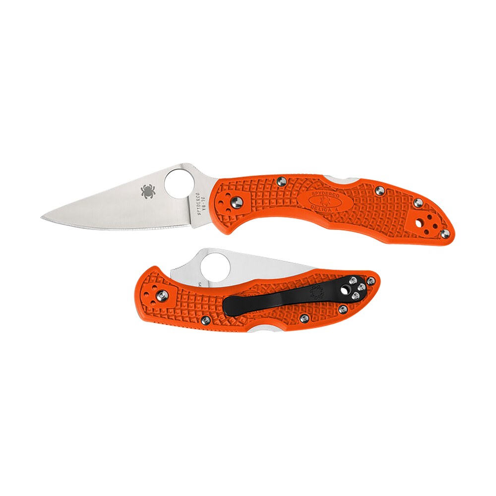 spyderco c11fpor delica 4 lightweight 2.88" folding plain satin vg 10 ss blade/orange bi directional texturing frn handle includes pocket clip Spyderco C11FPOR Delica 4 Lightweight 2.88" Folding Plain Satin VG-10 SS Blade/Orange Sports South item 158038