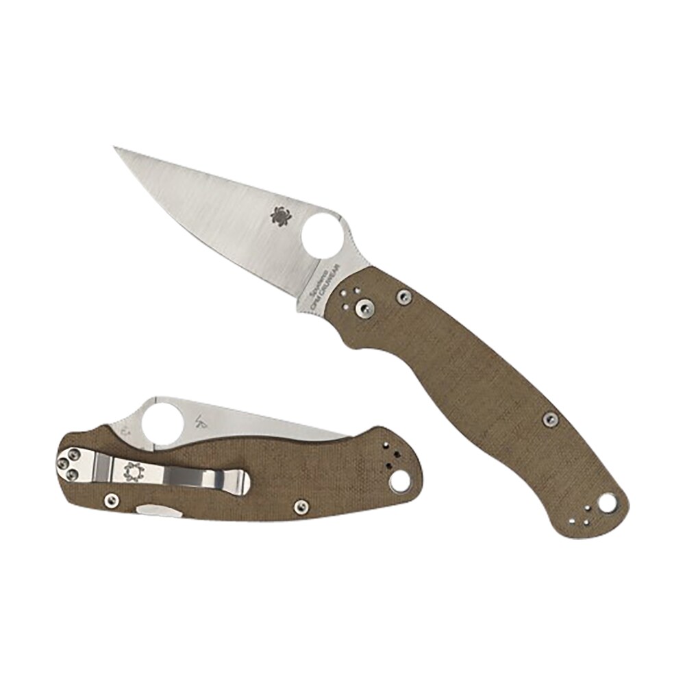 spyderco c81mpcw2 military 2 3.47" folding plain stonewashed cpm cru wear blade/brown canvas textured micarta handle includes pocket clip Spyderco C81MPCW2 Military 2 3.47" Folding Plain Stonewashed CPM Cru-Wear Blade/Brown Canvas Sports South item 158057