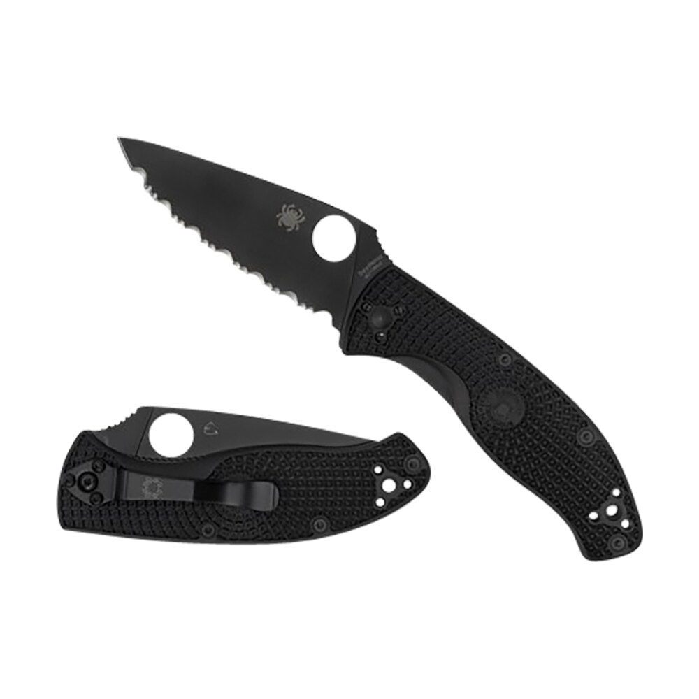 spyderco c122psbbk tenacious lightweight 3.39" folding part serrated black oxide 8cr13mov ss blade/black bi directional texturing frn handle includes pocket clip Spyderco C122PSBBK Tenacious Lightweight 3.39" Folding Part Serrated Black Oxide 8Cr13MoV SS Sports South item 158069