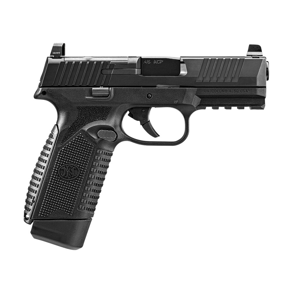 fn 66101387 545 mrd full size frame 45 acp 15+1, 4.10" black target crown steel barrel, black pvd optic cut/serrated steel slide & polymer frame w/picatinny rail, ambidextrous FN 66101387 545 MRD Full Size Frame 45 ACP 15+1, 4.10" Black Target Crown Steel Sports South item 158111