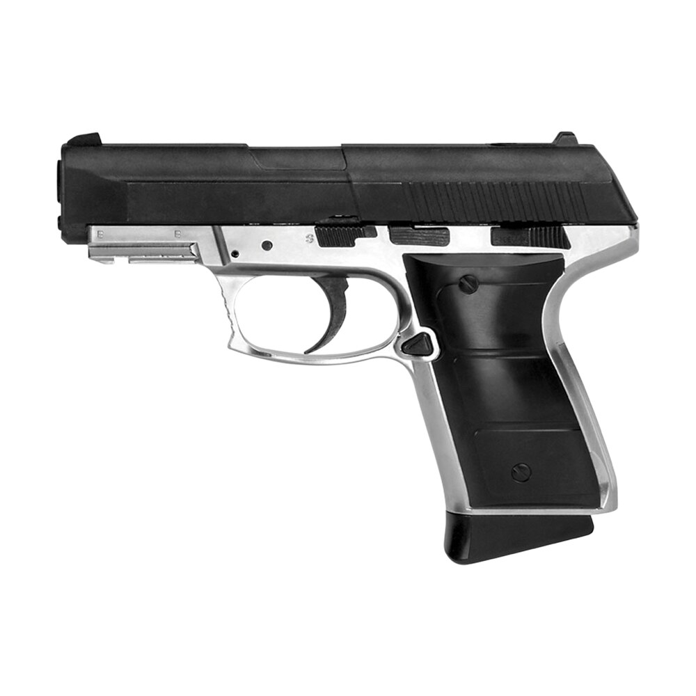 daisy 985501442 5501 powerline co2 177 bb 15+1 430 fps, smooth bore barrel, black slide, silver metal frame with pic. rail, molded grips, blade front sight, manual trigger block safety Daisy 985501442 5501 Powerline CO2 177 BB 15+1 430 fps, Smooth Bore Sports South item 158758