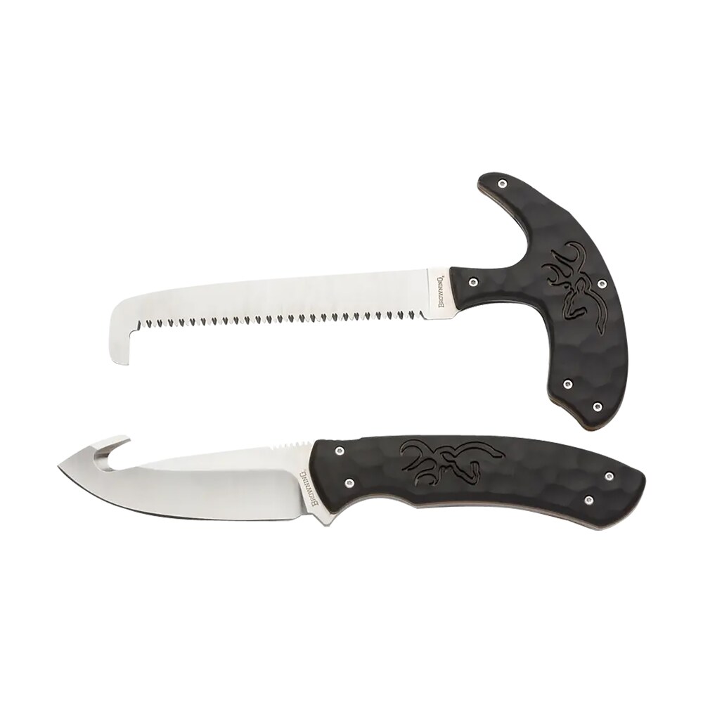 browning 3220420 primal combo 3.75"/5.25" fixed drop point gut hook/skinner, saw 8cr13mov ss blade, black polymer w/rubber overmold & finger grooves handle, 2 piece set, includes sheath Browning 3220420 Primal Combo 3.75"/5.25" Fixed Drop Point Gut Hook/Skinner, Saw 8Cr13MoV SS Sports South item 158810