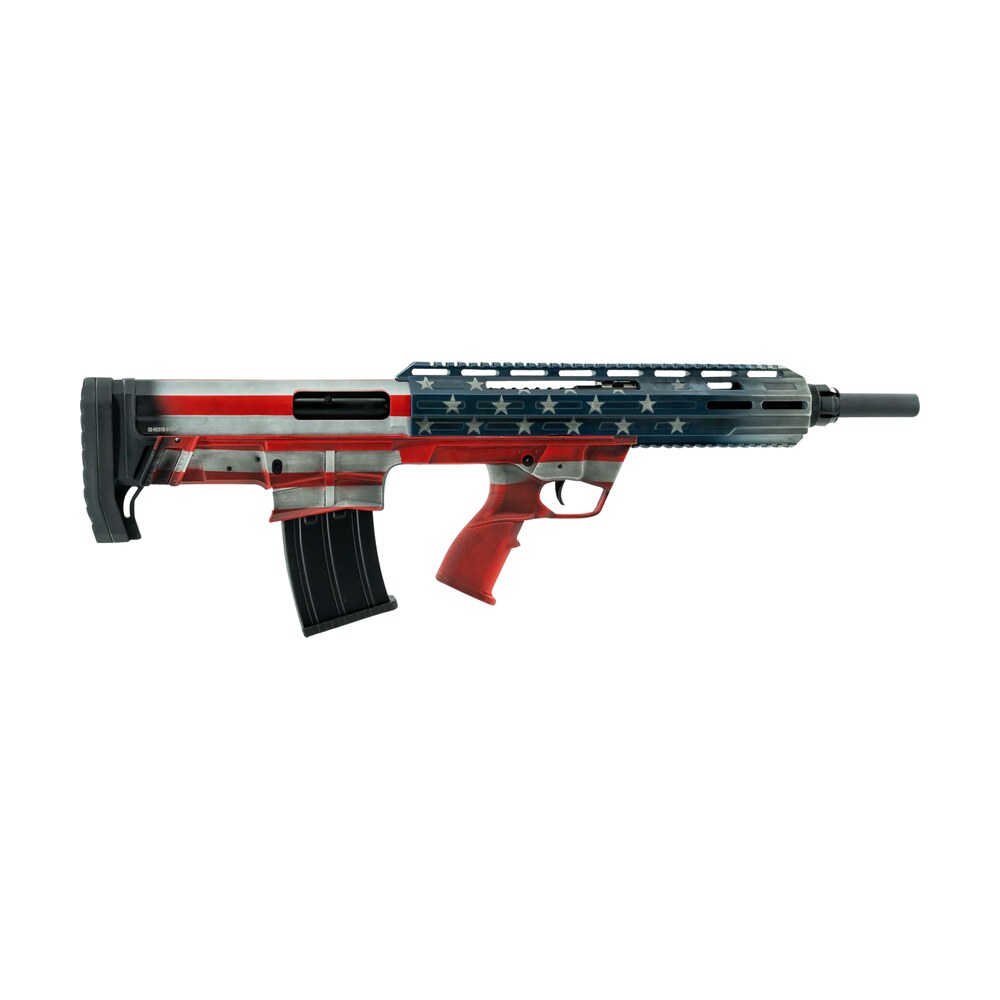 tokarev usa 21000164 tbp bullpup 12 gauge semi auto 3" 5+1 18.50" black steel barrel, american flag picatinny rail receiver, american flag adjustable synthetic stock Tokarev USA 21000164 TBP Bullpup 12 Gauge Semi-Auto 3" 5+1 18.50" Black Steel Sports South item 158866