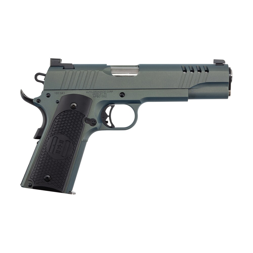auto ordnance 1911tcac7 1911 45 acp 7+1 5" stainless steel barrel, serrated stainless steel slide, northern lights cerakote steel frame w/beavertail, armor black cerakote engraved aluminum grip Auto-Ordnance 1911TCAC7 1911 45 ACP 7+1 5" Stainless Steel Sports South item 160661