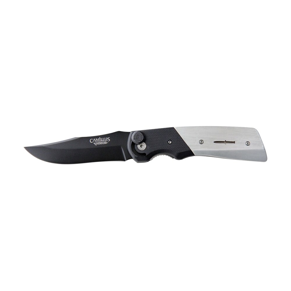 camillus 19080 cuda bolt 3.75" folding drop point plain black carbonitride titanium aus 8a ss blade, black/silver aluminum/g10 handle Camillus 19080 Cuda Bolt 3.75" Folding Drop Point Plain Black Carbonitride Titanium AUS-8A SS Sports South item 160722
