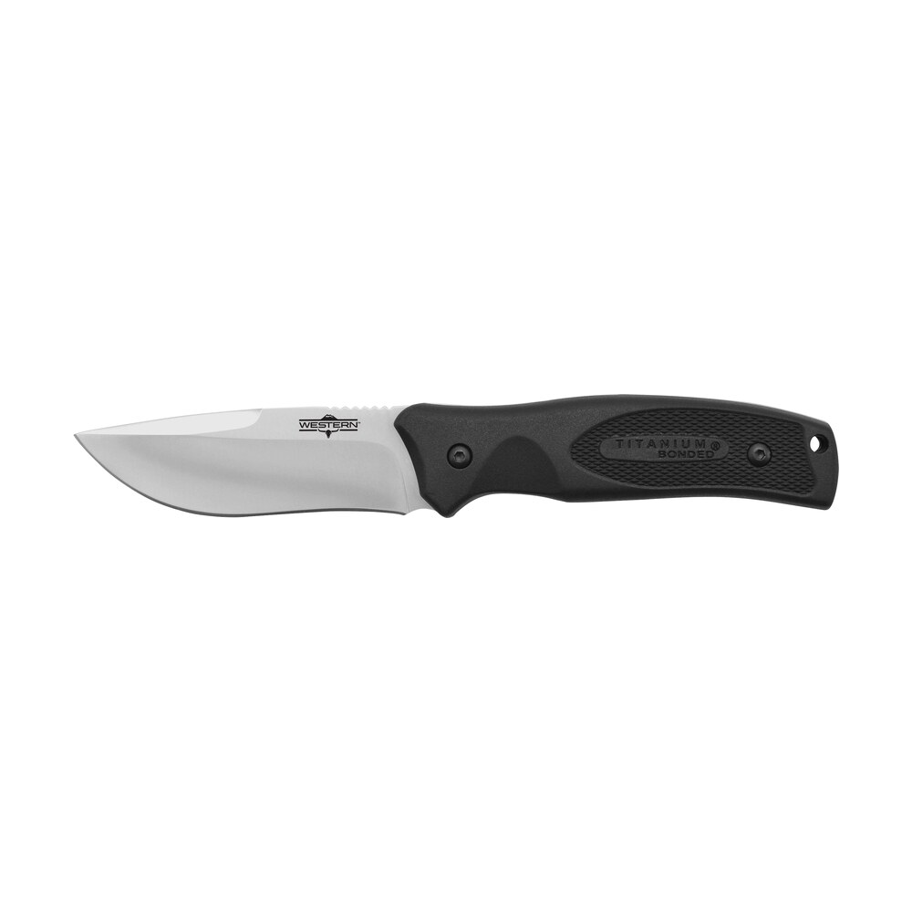camillus 19232 western black river 3.75" fixed drop point plain satin 420 steel titanium bonded blade, black rubber handle, includes sheath Camillus 19232 Western Black River 3.75" Fixed Drop Point Plain Satin 420 Steel Titanium Bonded Sports South item 160726