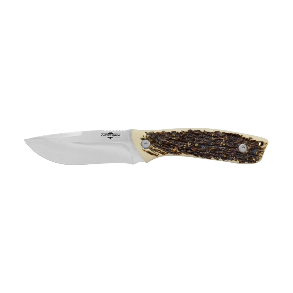 camillus 19246 western crosstrail 4.25" fixed drop point plain silver 420 steel titanium bonded blade, stag/antler delrin handle, includes belt loop/sheath Camillus 19246 Western Crosstrail 4.25" Fixed Drop Point Plain Silver 420 Steel Titanium Bonded Sports South item 160728