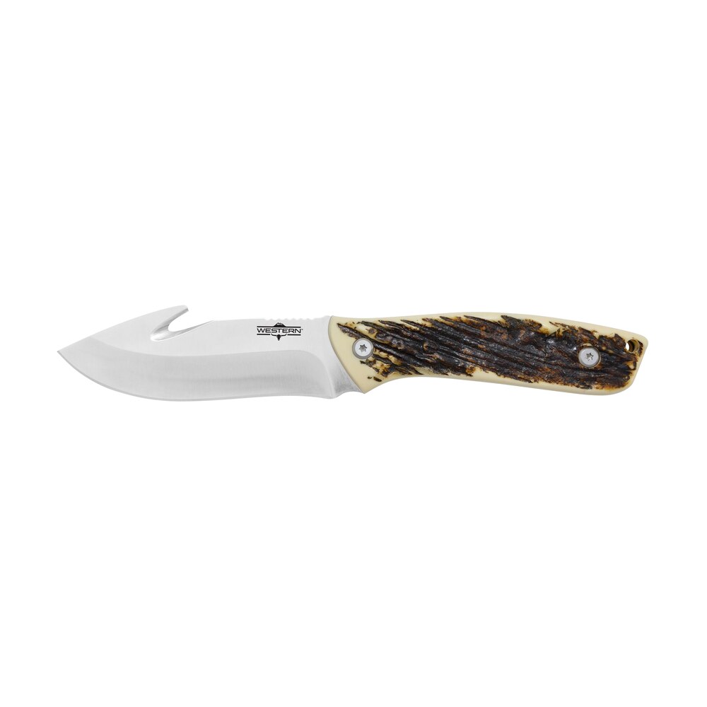 camillus 19247 western crosstrail 4.25" fixed gut hook plain silver 420 steel titanium bonded blade, stag/antler delrin handle, includes belt loop/sheath Camillus 19247 Western Crosstrail 4.25" Fixed Gut Hook Plain Silver 420 Steel Titanium Bonded Sports South item 160730