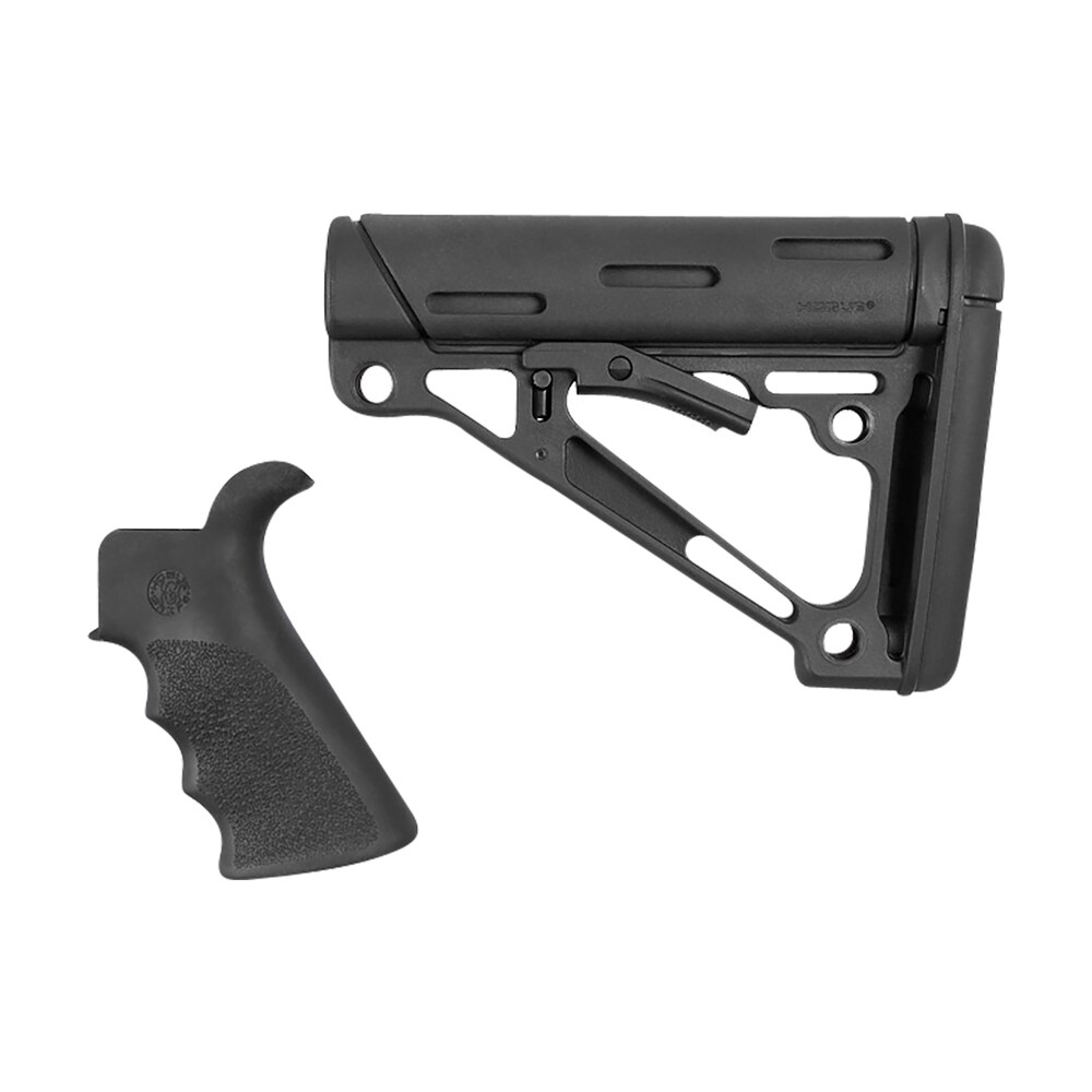 hogue 15055 overmolded combo kit black synthetic with rubber overmold, collapsible stock, beavertail grip with finger grooves, fits commercial buffer tube (tube not included) Hogue 15055 OverMolded Combo Kit Black Synthetic Sports South item 161090