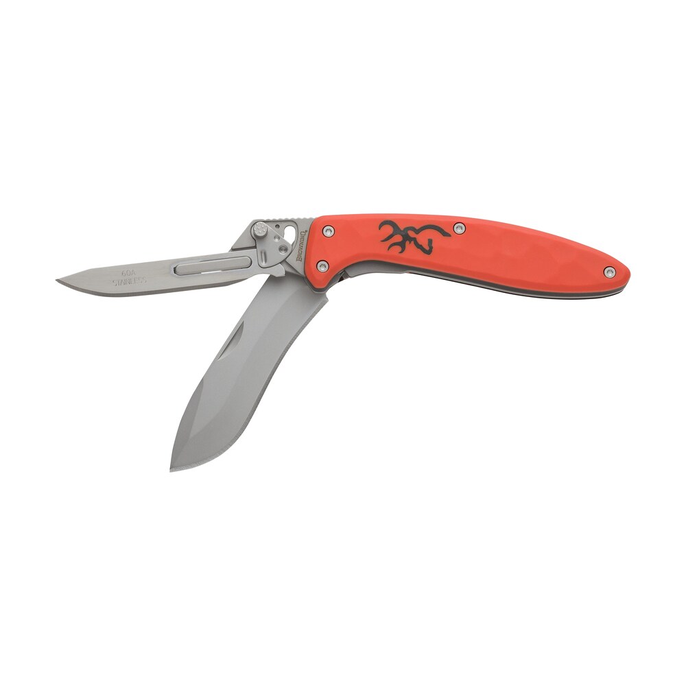 browning 3220462b primal scalpel 2 boxed 2.75" folding drop point/scalpel plain blaze orange 8cr13mov ss blade, blaze orange polymer w/rubber overmold handle Browning 3220462B Primal Scalpel 2 Boxed 2.75" Folding Drop Point/Scalpel Plain Blaze Orange Sports South item 161414