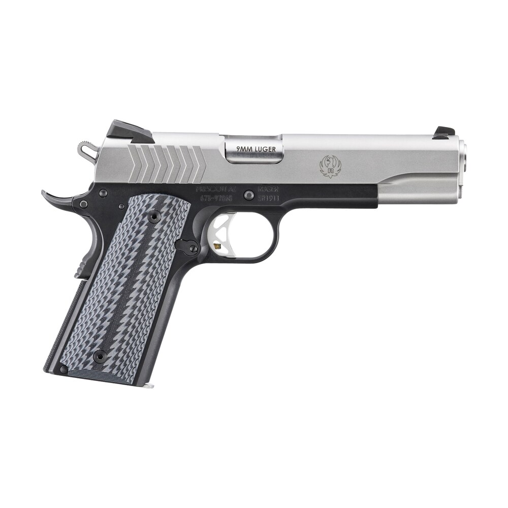 ruger sr1911 full size 9mm luger 9+1 5" stainless steel barrel, satin stainless steel serrated slide, black anodized aluminum frame w/beavertail, black/gray g10 grip Ruger SR1911 Full Size 9mm Luger 9+1 5" Stainless Steel Sports South item 161595