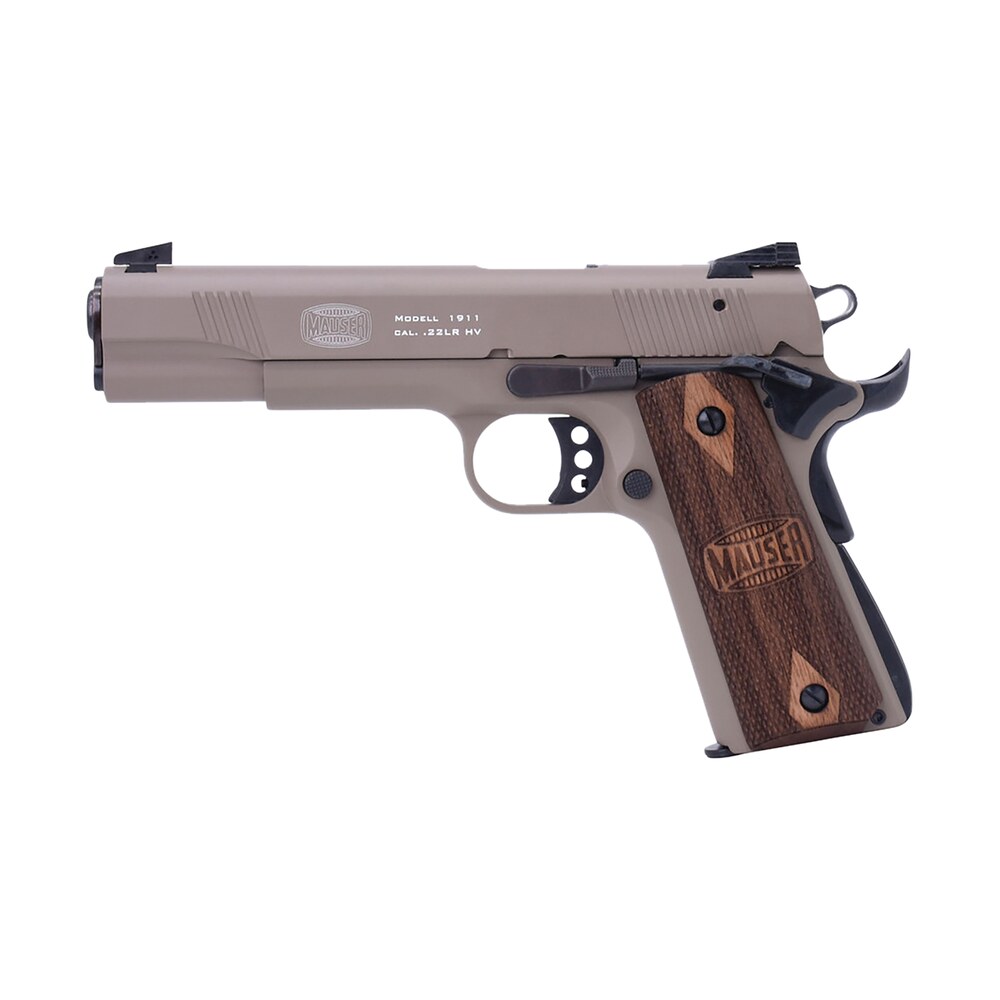 mauser rimfire 4110604 1911 22 lr 10+1 5" black steel barrel, tan serrated aluminum slide, tan aluminum frame w/beavertail, walnut grip, ambidextrous Mauser Rimfire 4110604 1911 22 LR 10+1 5" Black Steel Sports South item 161642