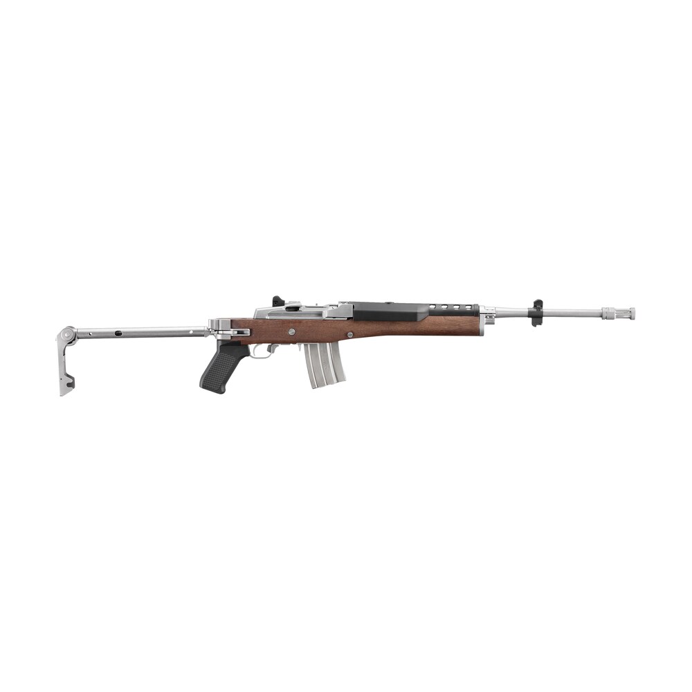 ruger 5895 mini 14 223 rem/5.56 nato 20+1 18.50" matte stainless threaded barrel, matte stainless picatinny rail receiver, walnut/stainless wood side folding side folding stock, black polymer grip Ruger 5895 Mini-14 223 Rem/5.56 NATO 20+1 18.50" Matte Stainless Threaded Sports South item 161886