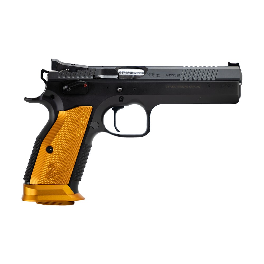 cz usa 91265 ts2 40 s&w 17+1 5.20" black bull barrel, black slide, black polycoat frame, orange checkered aluminum grip CZ-USA 91265 TS2 40 S&W 17+1 5.20" Black Bull Sports South item 162003