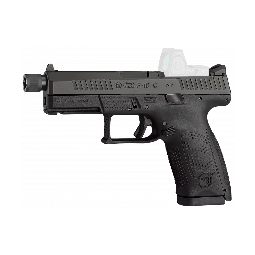 cz usa 91513 p 10 c compact 9mm luger 17+1 4.02" black threaded barrel, black nitride optic ready/serrated steel slide, black polymer frame w/picatinny rail, interchangeable backstrap grip CZ-USA 91513 P-10 C Compact 9mm Luger 17+1 4.02" Black Threaded Sports South item 162008