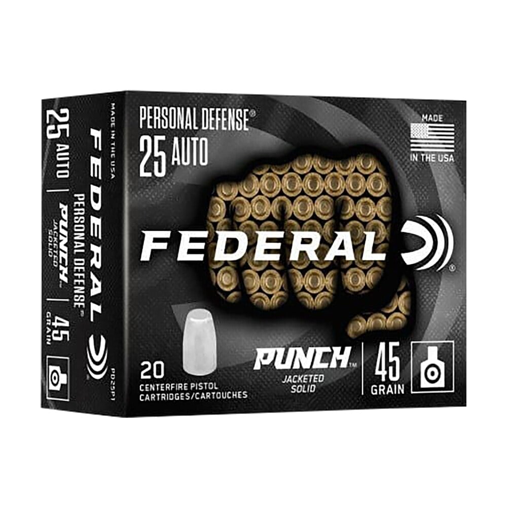 federal pd25p1 punch personal defense 25acp 45gr hollow point 20 per box/10 case Federal PD25P1 Punch Personal Defense 25ACP 45gr Hollow Point 20 Per Box/10 Case Sports South item 162262