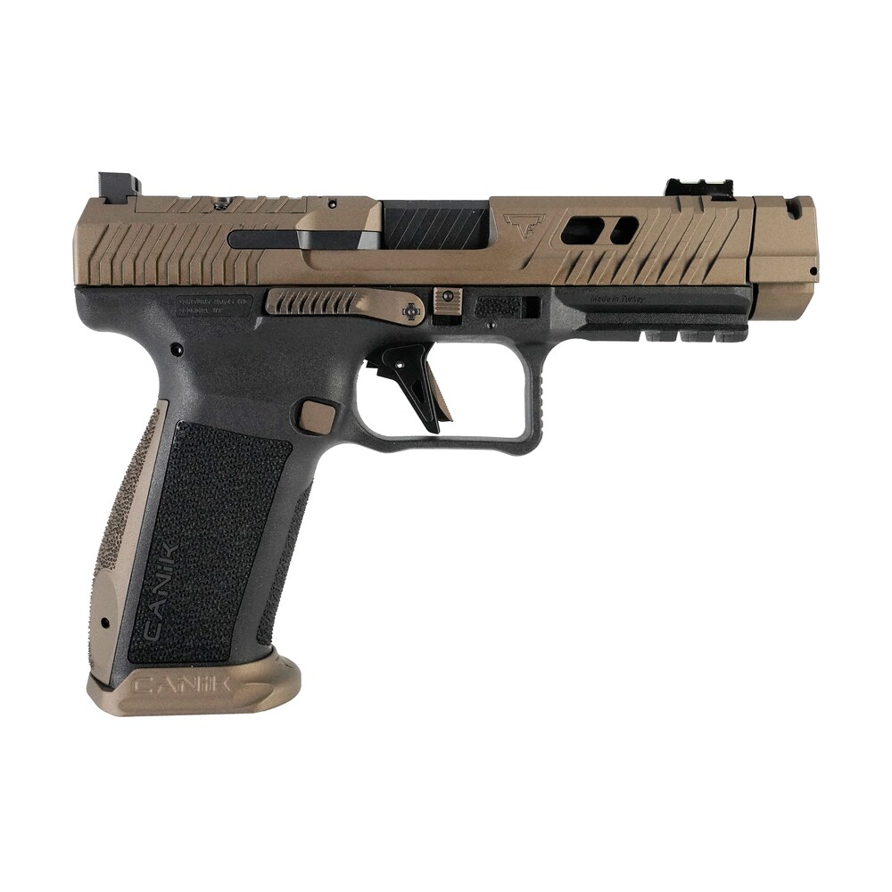 canik hg7854n tti combat full size frame 9mm luger 18+1 4.60" black nitride fluted/ported barrel, burnt bronze cerakote optic cut/serrated steel slide, black polymer frame w/picatinny rail Canik HG7854N TTI Combat Full Size Frame 9mm Luger 18+1 4.60" Black Nitride Fluted/Ported Sports South item 162795