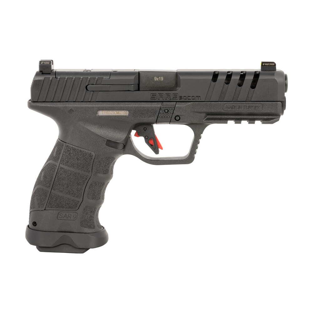 sar usa sar9socombl sar9 socom 9mm luger 21+1 5.20" black steel barrel, black steel optic ready/ported/serrated slide, black polymer frame w/picatinny rail, interchangeable backstrap grip, right hand SAR USA SAR9SOCOMBL SAR9 SOCOM 9mm Luger 21+1 5.20" Black Steel Sports South item 163202