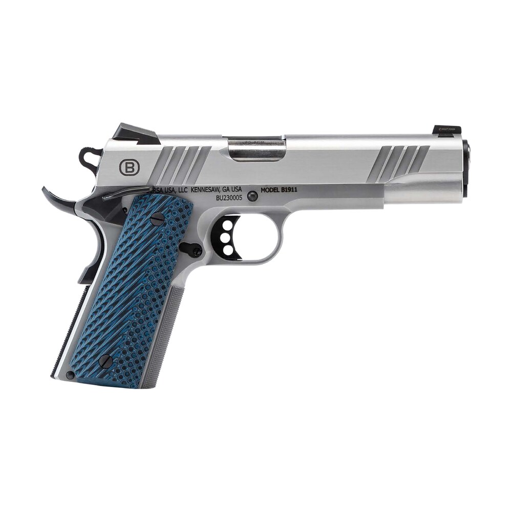 bersa b19117050smbl b1911 full size frame 45 acp 8+1 5" stainless steel barrel, polished stainless serrated steel slide, matte stainless stainless steel frame w/beavertail, blue vz grip, ambidextrous Bersa B19117050SMBL B1911 Full Size Frame 45 ACP 8+1 5" Stainless Steel Sports South item 163331