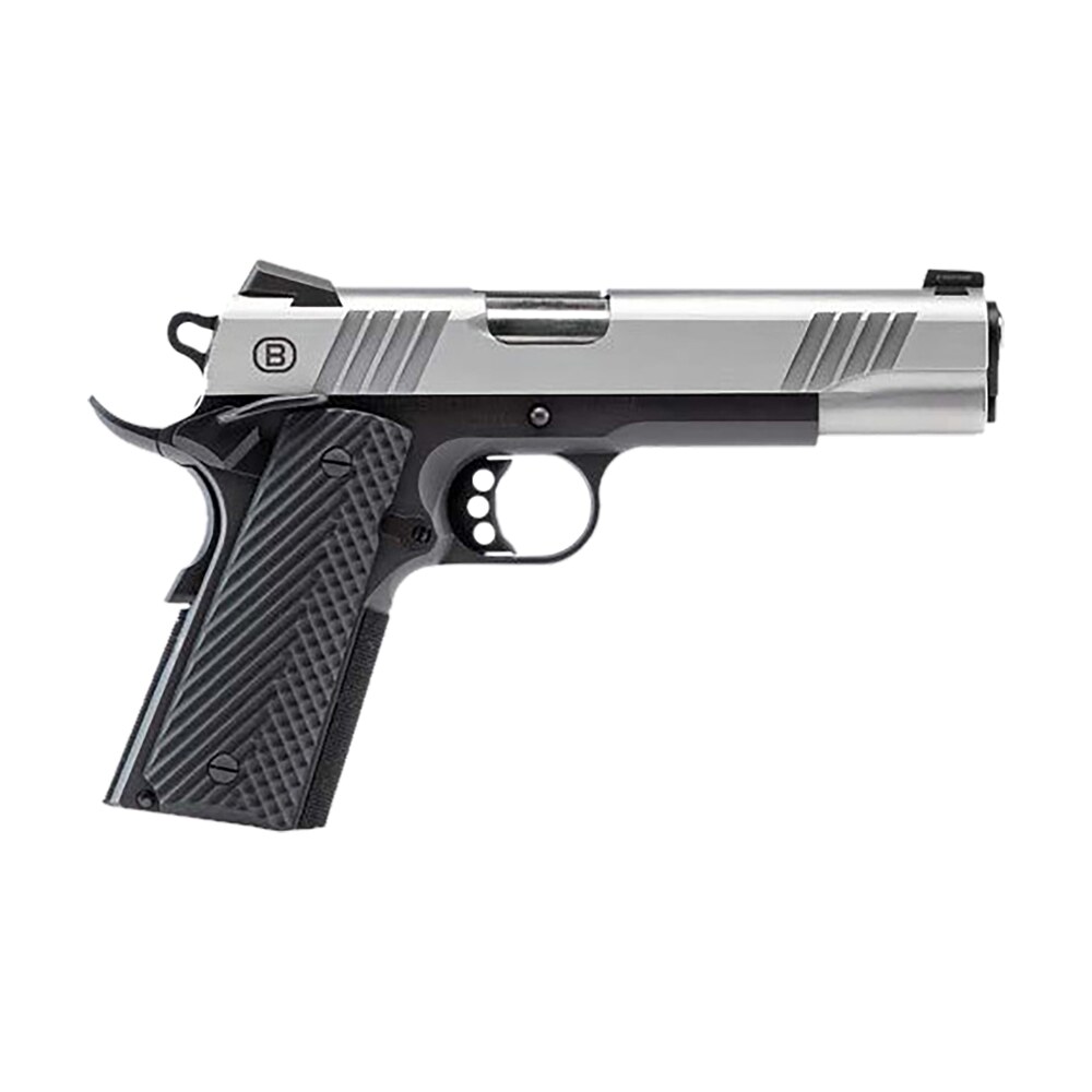bersa b19117050sbbk b1911 full size frame 45 acp 8+1 5" stainless steel barrel, stainless serrated steel slide, black stainless steel frame w/beavertail, black vz grip, ambidextrous Bersa B19117050SBBK B1911 Full Size Frame 45 ACP 8+1 5" Stainless Steel Sports South item 163332