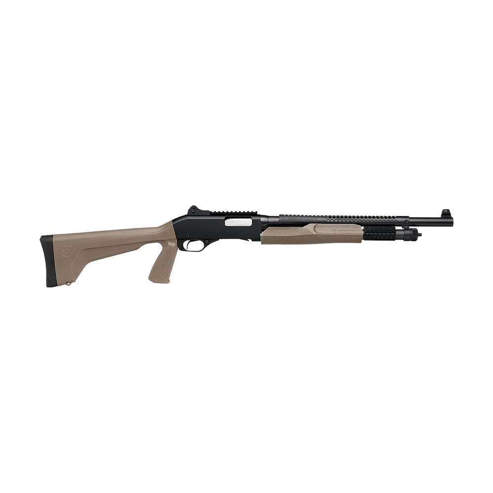 stevens 19468 320 security 12 gauge pump 5+1 18.50" matte black heat shield barrel, picatinny rail receiver, bottom picatinny rail, tactical w/pistol grip flat dark earth synthetic stock, ambidextrous Stevens 19468 320 Security 12 Gauge Pump 5+1 18.50" Matte Black Heat Shield Sports South item 164116