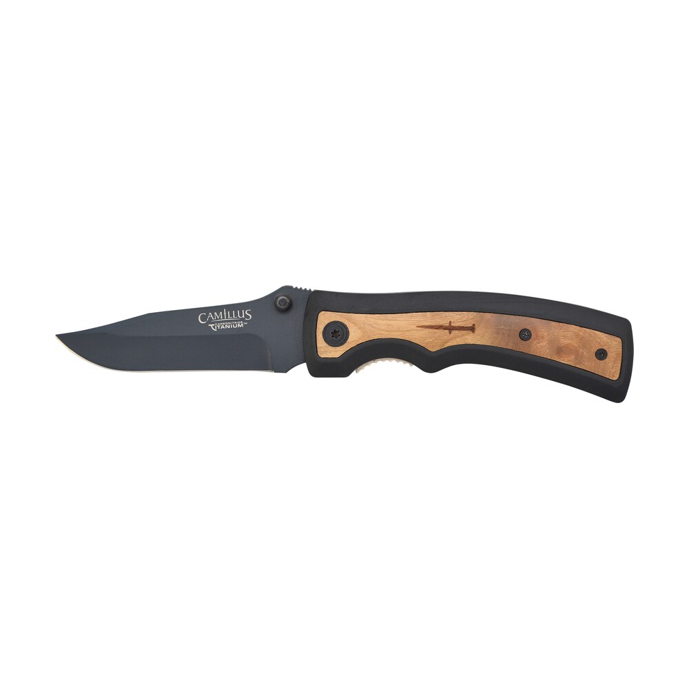 camillus 19076 001 slick 3" folding clip point plain black carbonitride titanium aus 8a ss blade, 5" black rubber/wood handle Camillus 19076-001 Slick 3" Folding Clip Point Plain Black Carbonitride Titanium AUS-8A SS Sports South item 164751