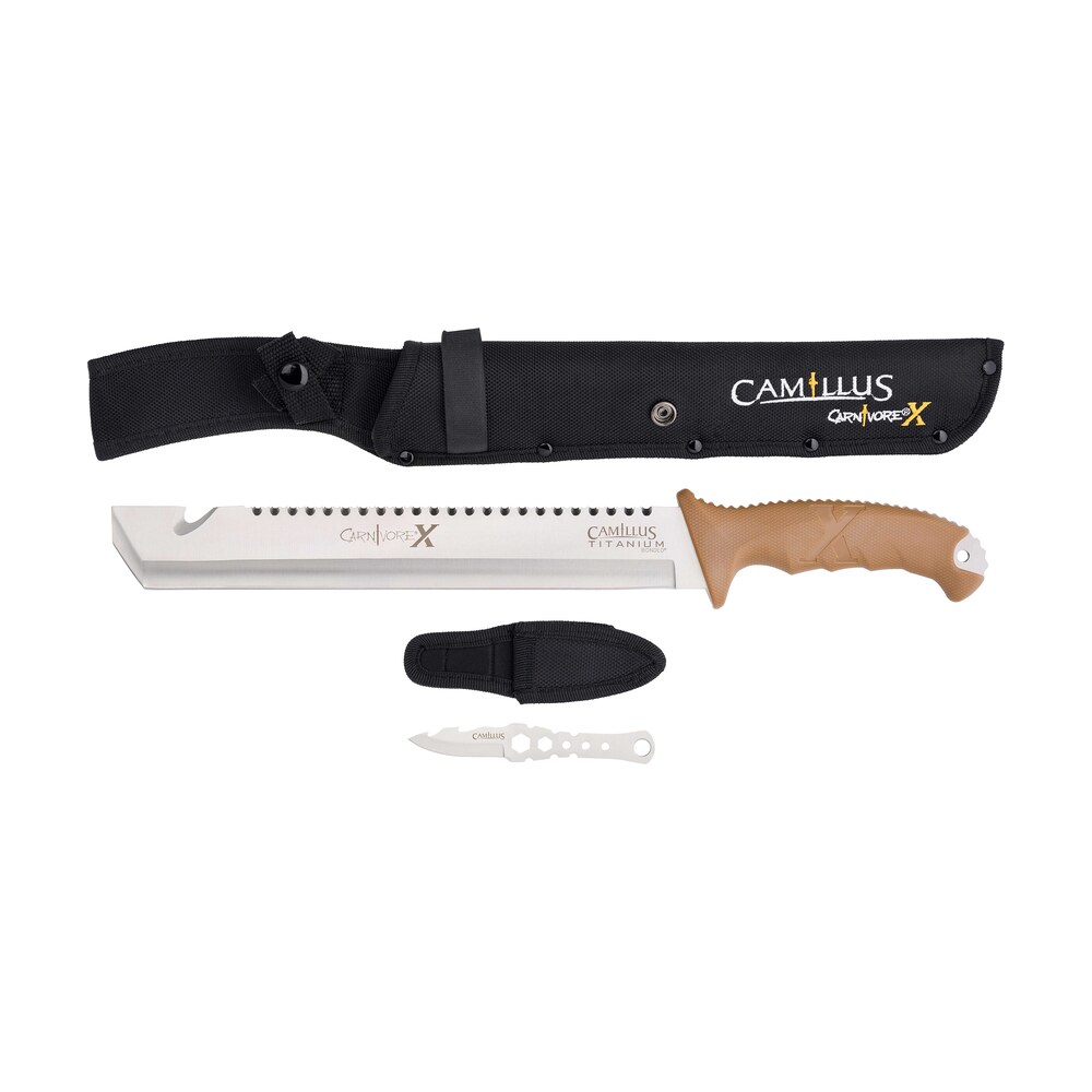 camillus 19236 003 carnivore 12" silver ti bonded 440 ss blade, brown abs handle, 18" long includes sheath Camillus 19236-003 Carnivore 12" Silver Ti Bonded 440 SS Blade, Brown ABS Handle, 18" Long Sports South item 164762