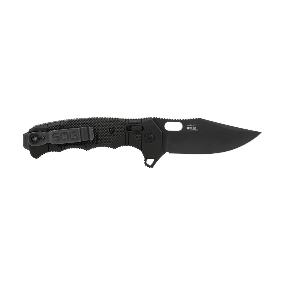 s.o.g sog12211357 seal xr 3.90" folding clip point plain black magnacut blade, black textured grn/titanium handle S.O.G SOG12211357 Seal XR 3.90" Folding Clip Point Plain Black MagnaCut Blade, Black Textured Sports South item 164798