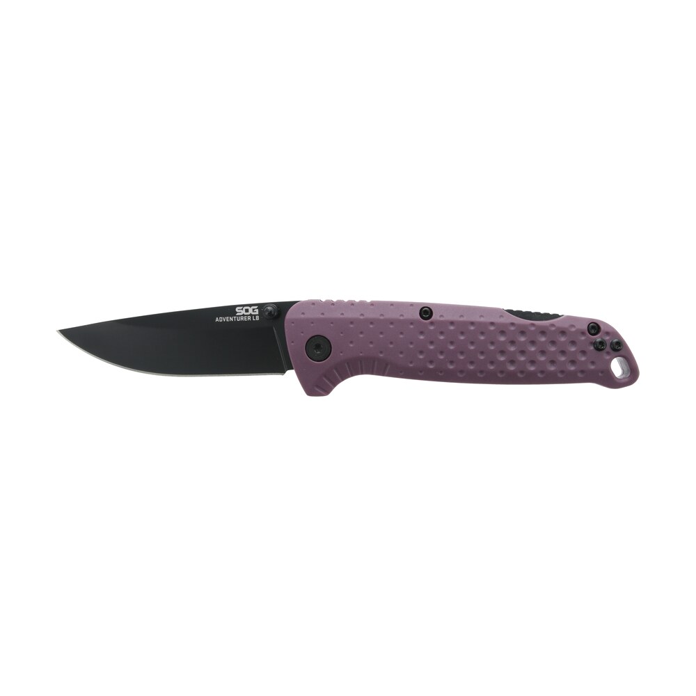s.o.g sog13110443 adventure lb 3.50" folding drop point plain black tini 5cr15mov blade, dark purple textured grn handle S.O.G SOG13110443 Adventure LB 3.50" Folding Drop Point Plain Black TiNi 5Cr15MoV Blade, Dark Sports South item 164817