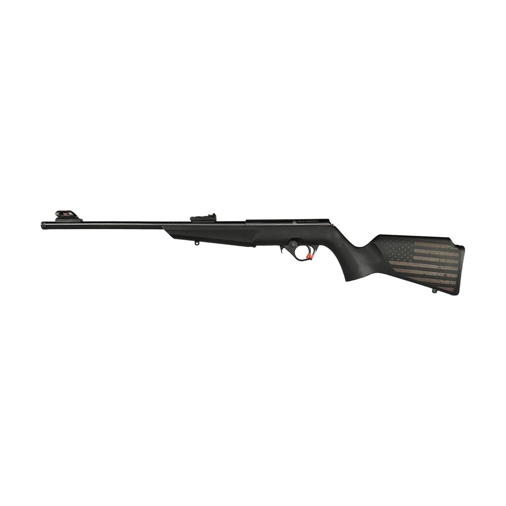 rossi rb22l1611en01 rb22 us flag compact 22 lr 10+1 16.50" matte black threaded barrel, black aluminum receiver, black w/us flag synthetic fixed stock Rossi RB22L1611EN01 RB22 US Flag Compact 22 LR 10+1 16.50" Matte Black Threaded Sports South item 165299