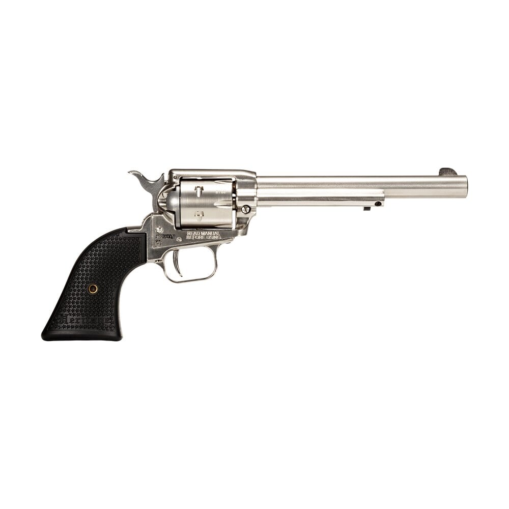 heritage mfg rr22ni6 rough rider 22 lr 6rd 6.50" nickel steel barrel, nickel aluminum frame, matte nickel cylinder, black polystar grip, hammer/thumb safety, exposed hammer Heritage Mfg RR22NI6 Rough Rider 22 LR 6rd 6.50" Nickel Steel Sports South item 165487