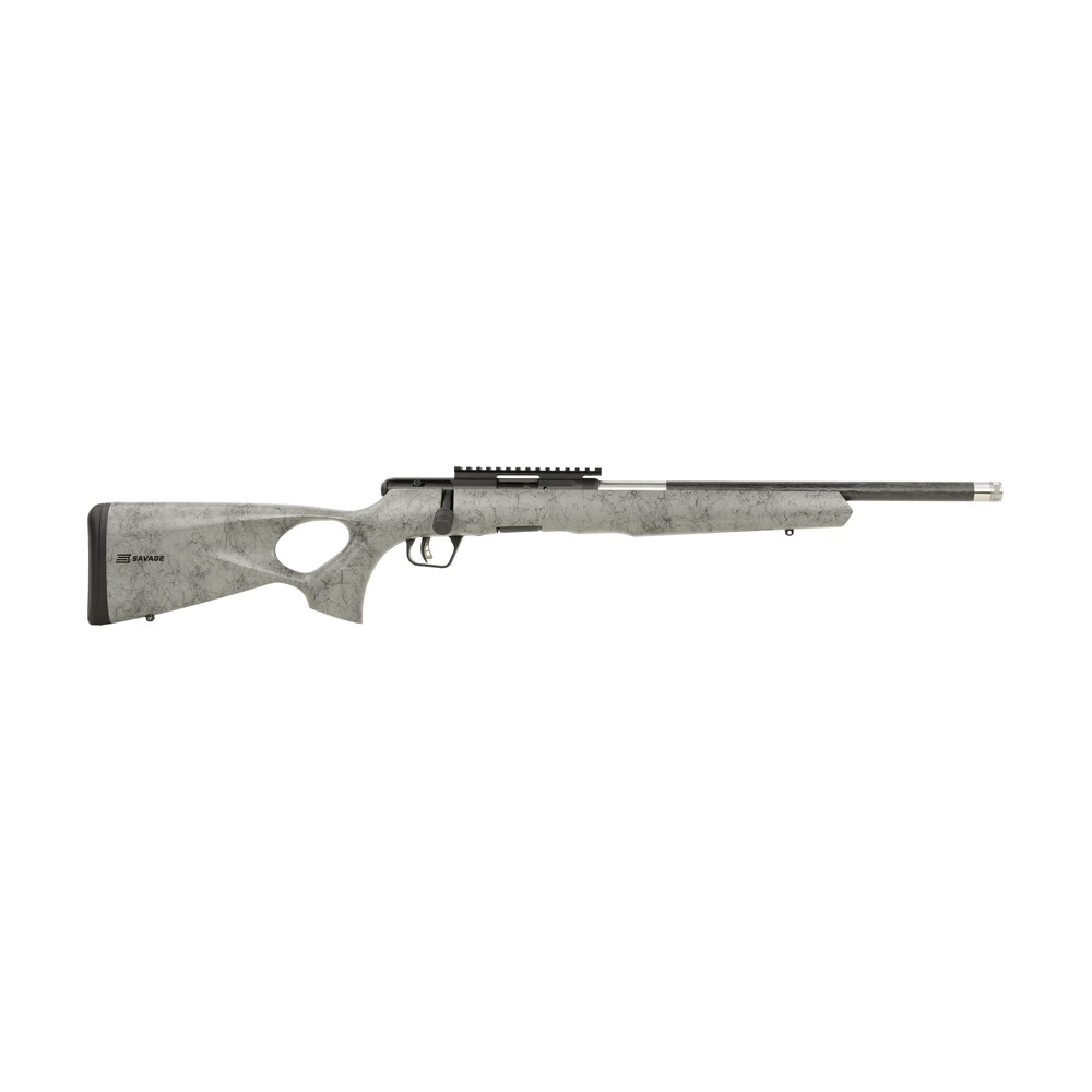 savage arms 70218 b series timberlite 22 lr 10+1 18" carbon fiber threaded barrel, matte black picatinny rail carbon steel receiver, gray w/black webbing fixed thumbhole synthetic stock Savage Arms 70218 B Series TimberLite 22 LR 10+1 18" Carbon Fiber Threaded Sports South item 165744